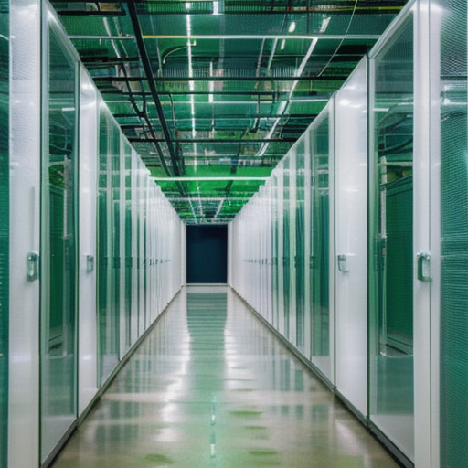 Data center corridor with secure infrastructure lights, no people